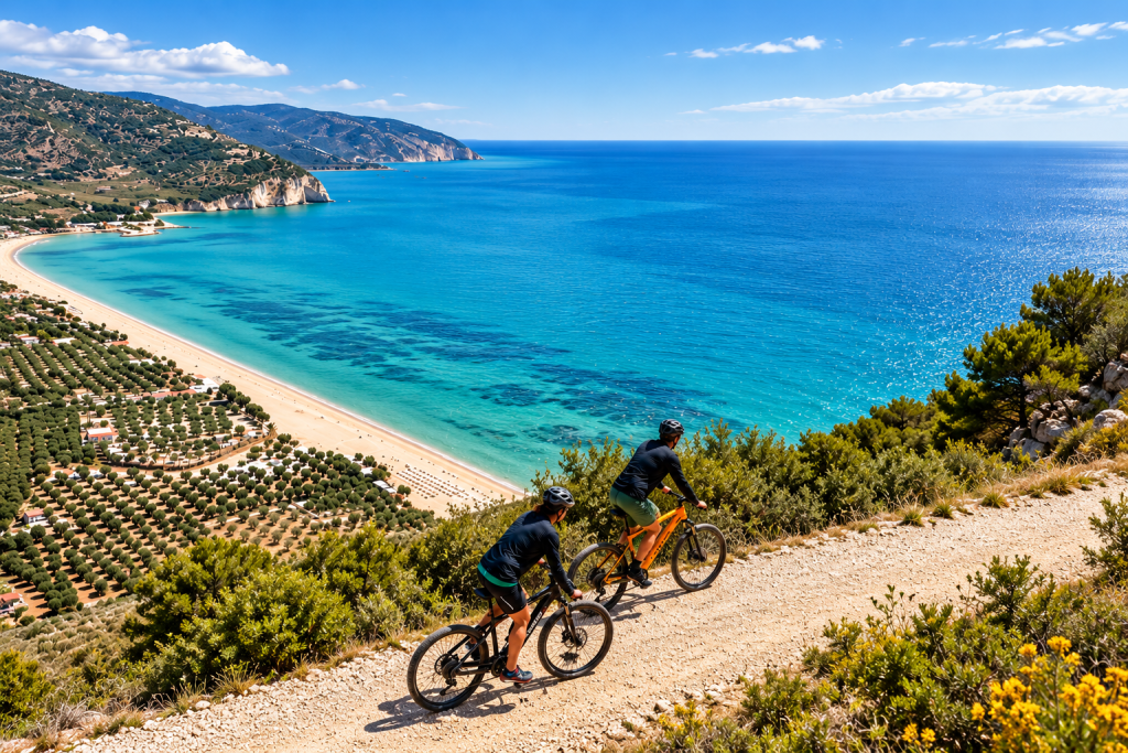 Two cyclists on a coastal trail overlooking a long sandy beach, turquoise sea and rugged Mediterranean coastline.