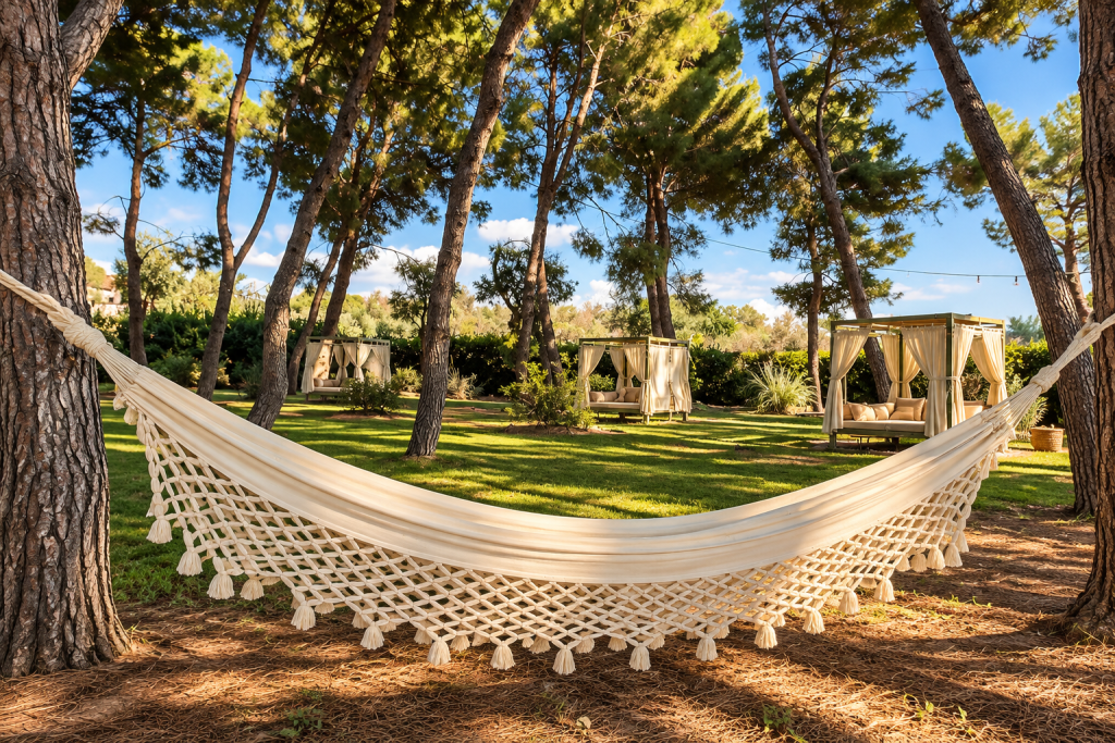 Cream macramé hammock between pine trees in a landscaped garden, with curtained cabanas and dappled sunlight beneath a clear blue sky.