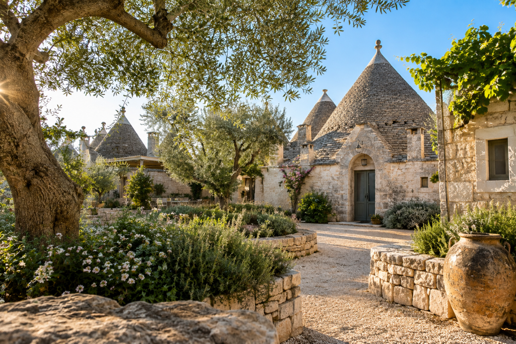 Restored eighteenth-century trulli at Leonardo Trulli Resort surrounded by olive trees and Mediterranean gardens.