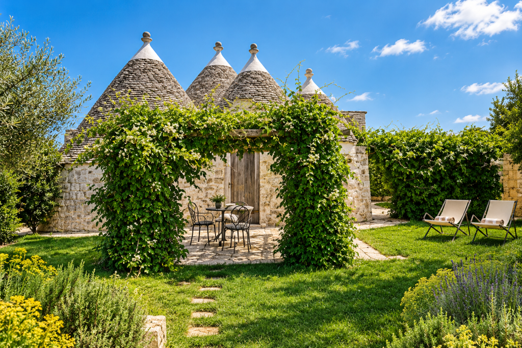 Private garden outside a trullo at Leonardo Trulli Resort with olive trees and Mediterranean plants.