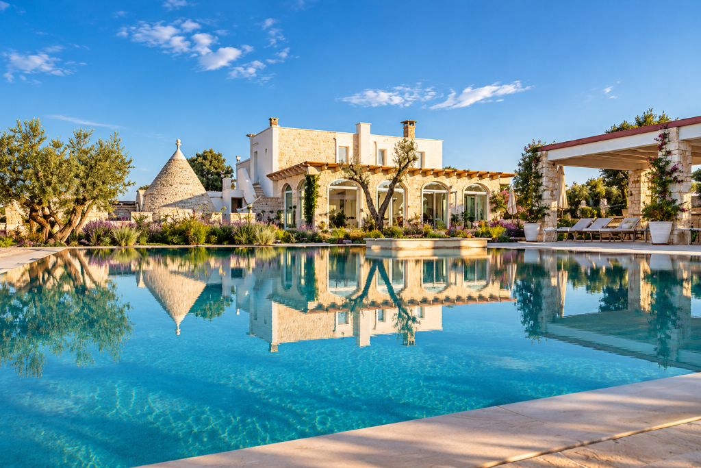 Swimming pool at Leonardo Trulli Resort surrounded by olive trees and Mediterranean vegetation.