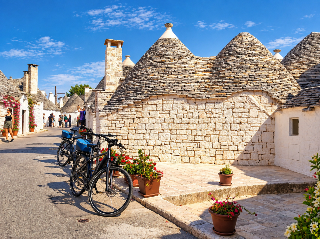 Whitewashed trulli with layered limestone roofs line a sunny Apulian village street, with bicycles, potted flowers and visitors beneath a clear blue sky.