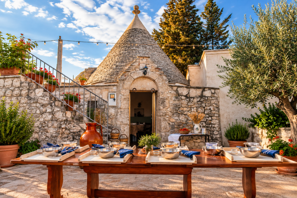 Outdoor cooking table set before a weathered Apulian trullo, with stone walls, conical roof, terracotta pots, olive trees and prepared cooking stations in warm afternoon light.