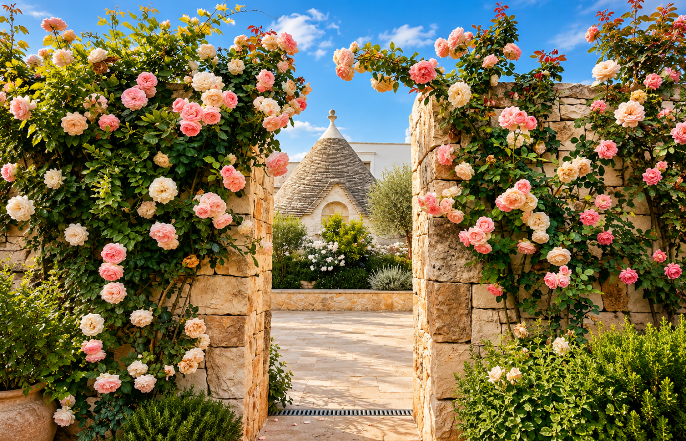 Stone garden gateway covered in pink and white climbing roses, opening onto a courtyard with a traditional Apulian trullo and conical stone roof beyond.
