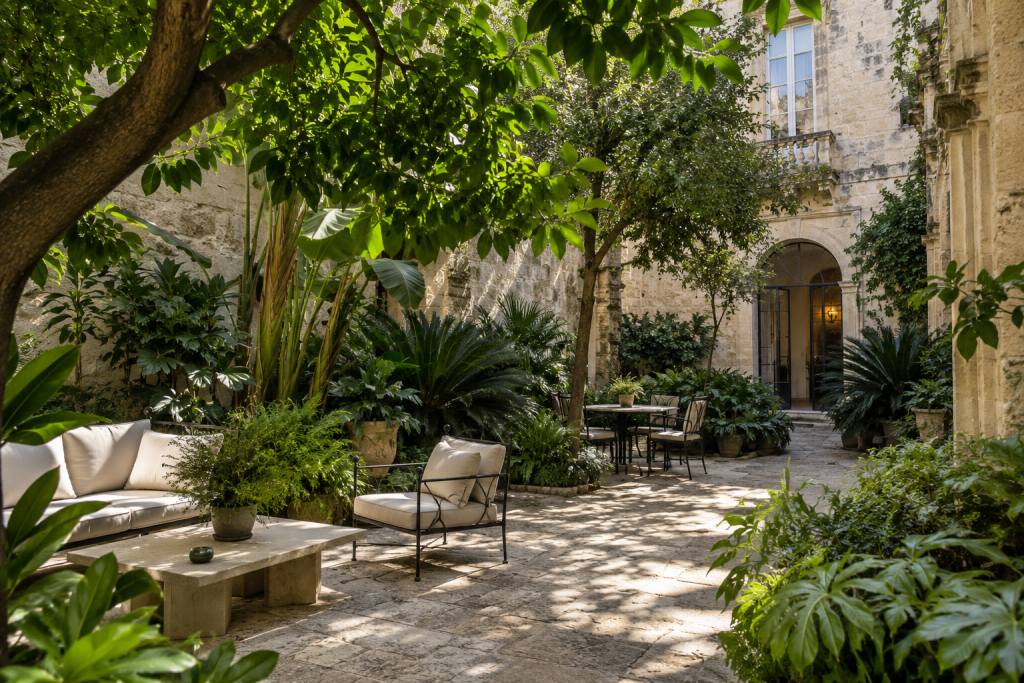 Secret garden at La Fiermontina Palazzo Bozzi Corso with mature greenery inside Lecce's historic centre.