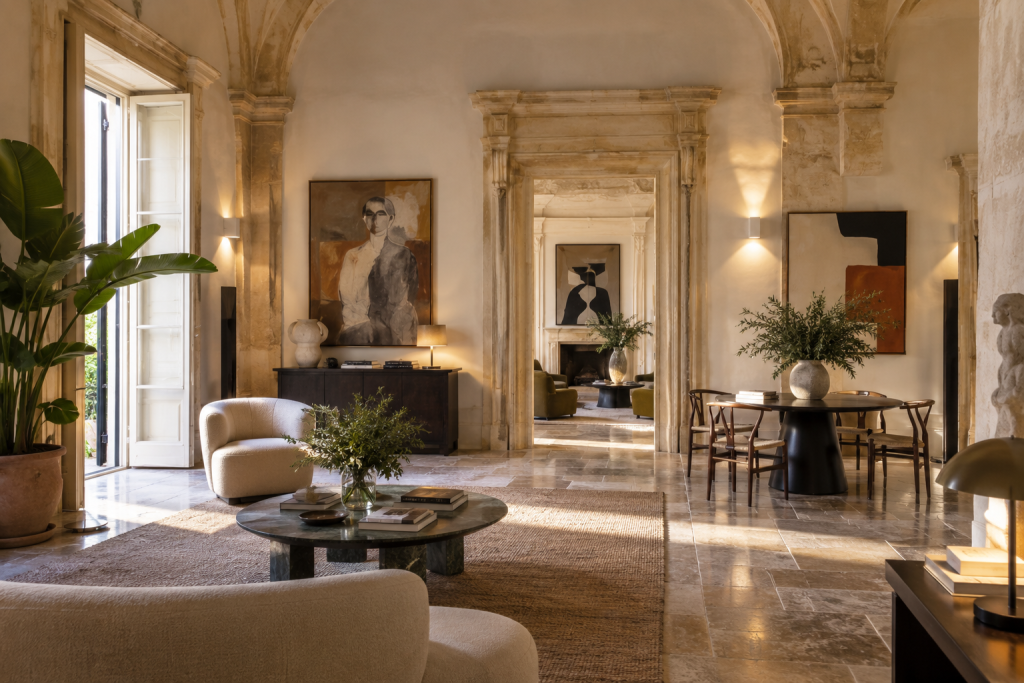 Art and contemporary design pieces displayed inside La Fiermontina Palazzo Bozzi Corso in Lecce.