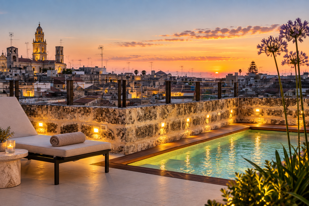 Rooftop terrace at La Fiermontina Palazzo Bozzi Corso overlooking the rooftops of Lecce.