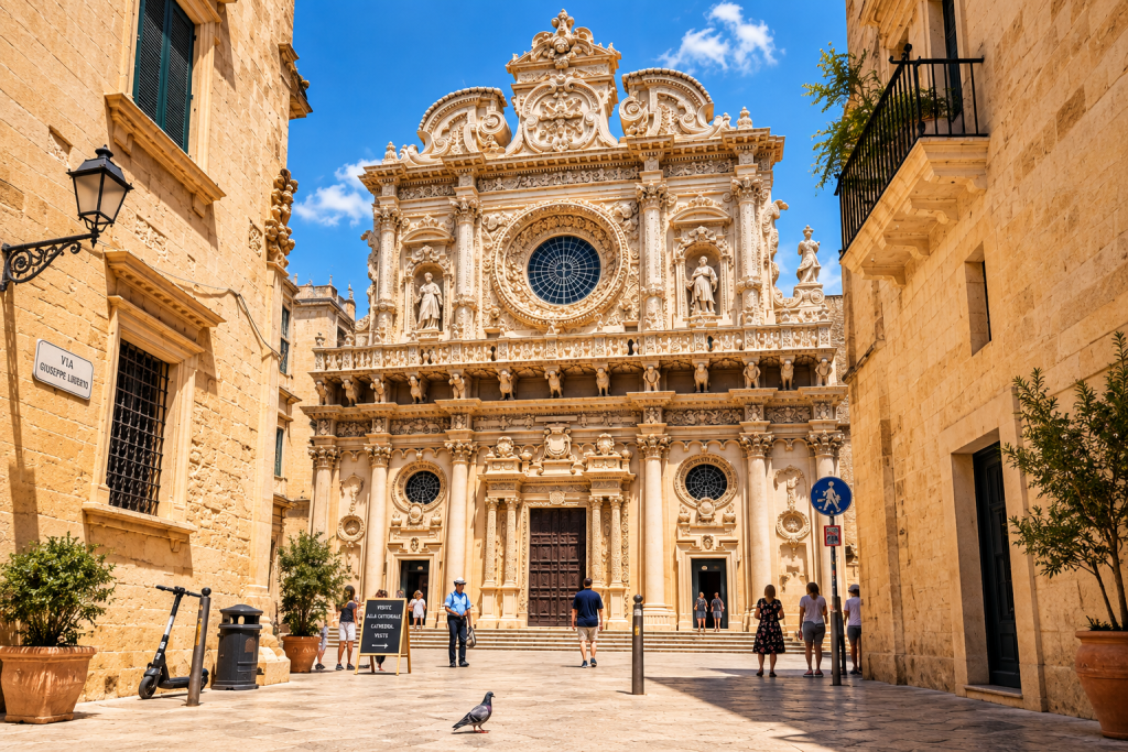 Lecce’s ornate Baroque church façade viewed from a narrow limestone street, with elaborate carvings, a large rose window, historic buildings and pedestrians in bright Mediterranean daylight.