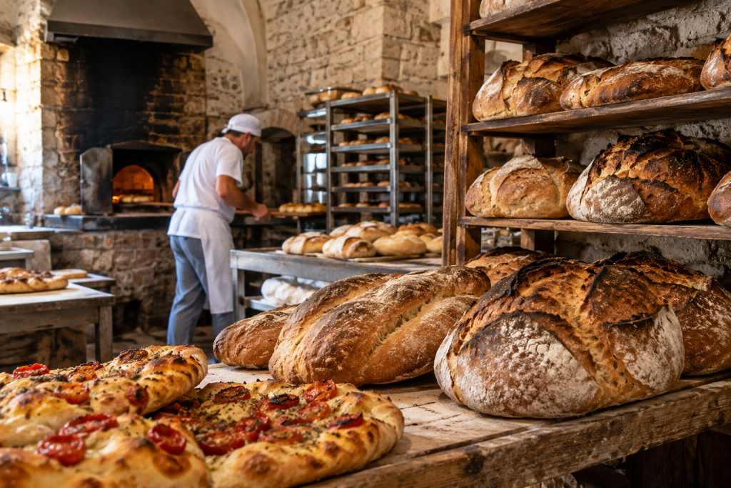 Traditional bakery in Altamura with loaves of Apulian bread and focaccia on display.