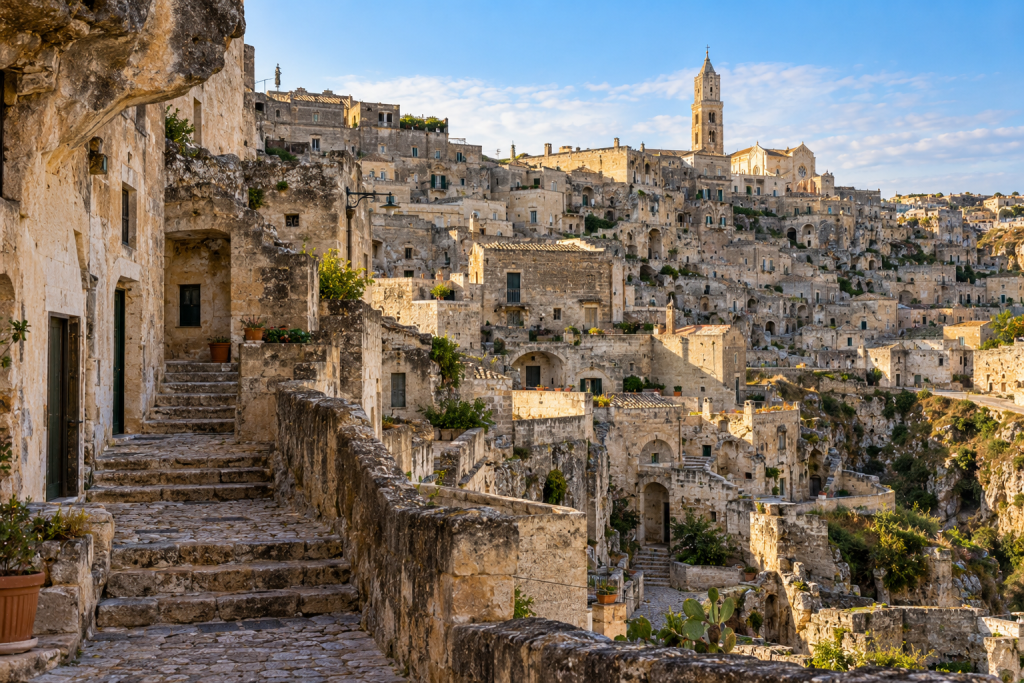 Stone dwellings and stepped lanes in Matera's Sasso district carved into the limestone landscape.