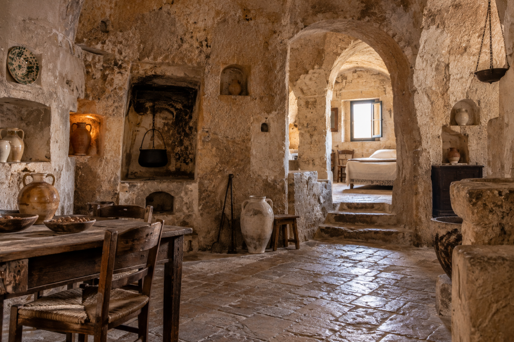 Interior of a traditional cave dwelling in Matera carved into the limestone rock.