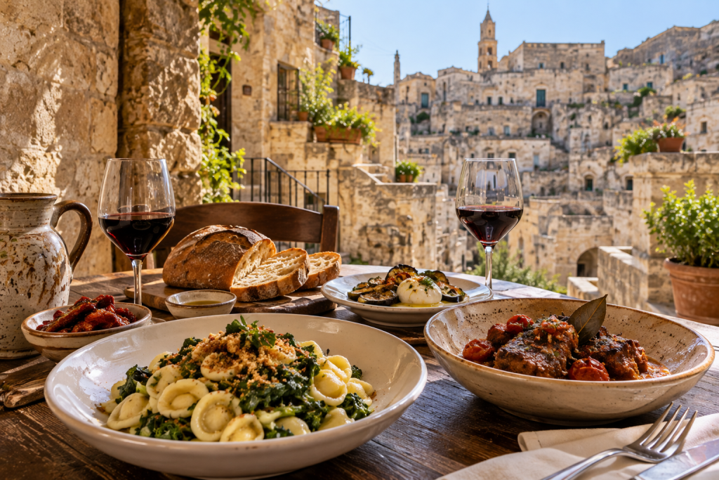 Regional meal served at a restaurant among the historic stone buildings of Matera.