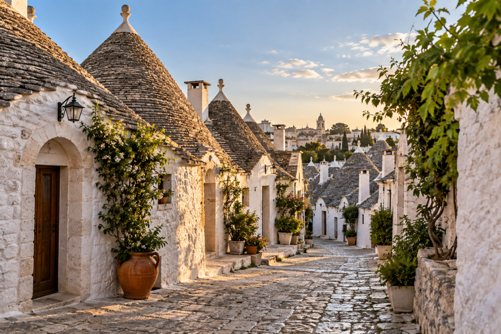 Traditional conical-roofed trulli lining a stone lane in Alberobello, Puglia.