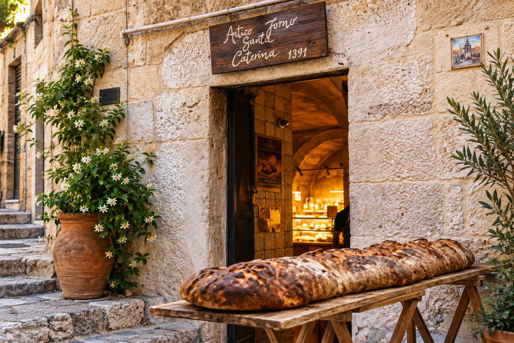Historic limestone bakery entrance in Altamura with rustic loaves displayed outside, a traditional wooden sign above the doorway and a warmly lit stone interior beyond.