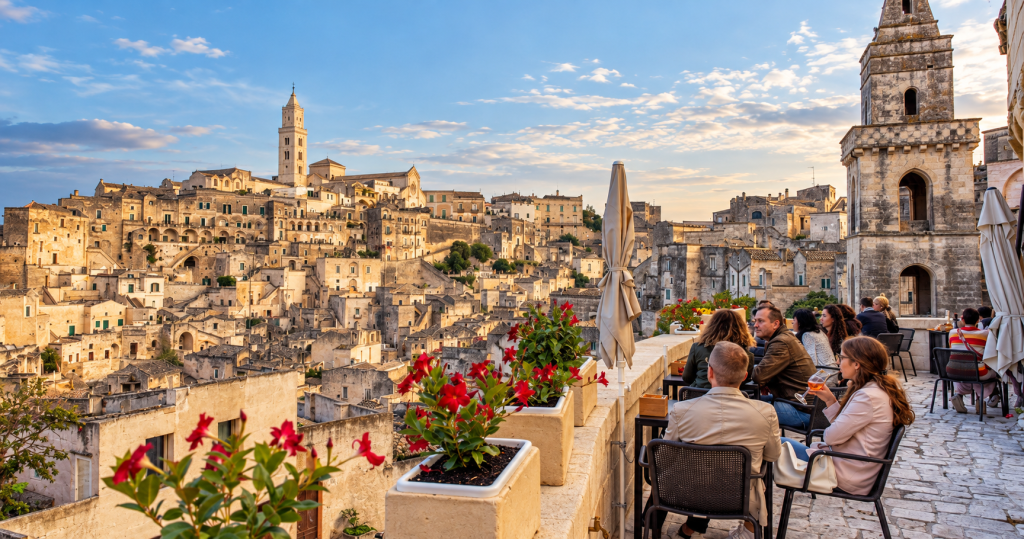 Rooftop terrace café overlooking Matera’s Sassi, with limestone buildings, historic church towers, red flowering planters and diners seated beneath closed umbrellas.
