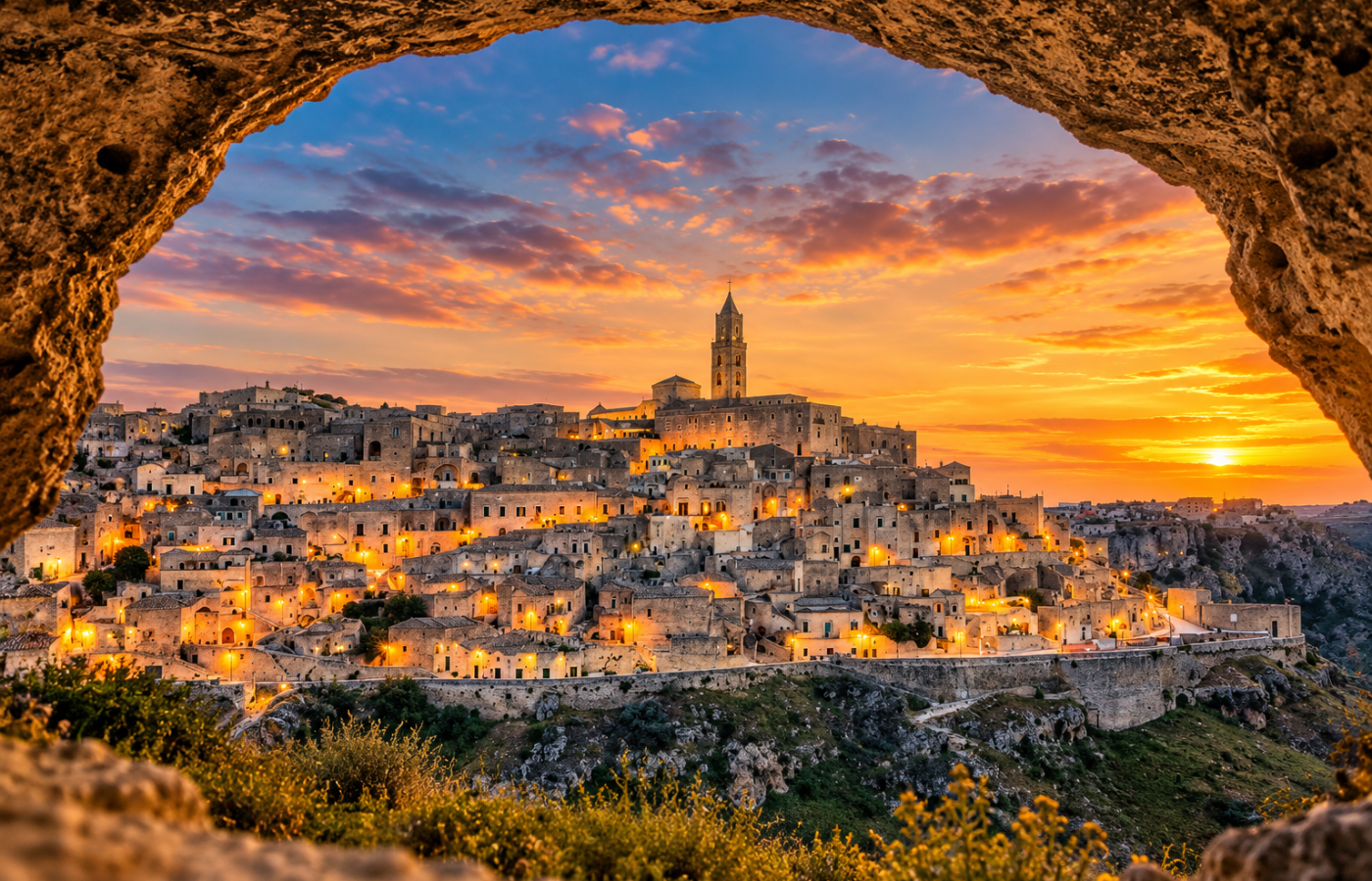 Matera’s Sassi glowing with warm lights at sunset, viewed through a rugged limestone cave opening, with the historic hillside and cathedral silhouetted against an orange sky.