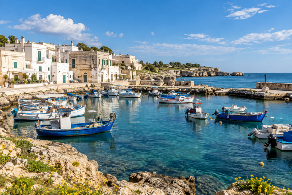 San Foca harbour on the Salento coast with fishing boats, waterfront buildings and the Adriatic Sea.