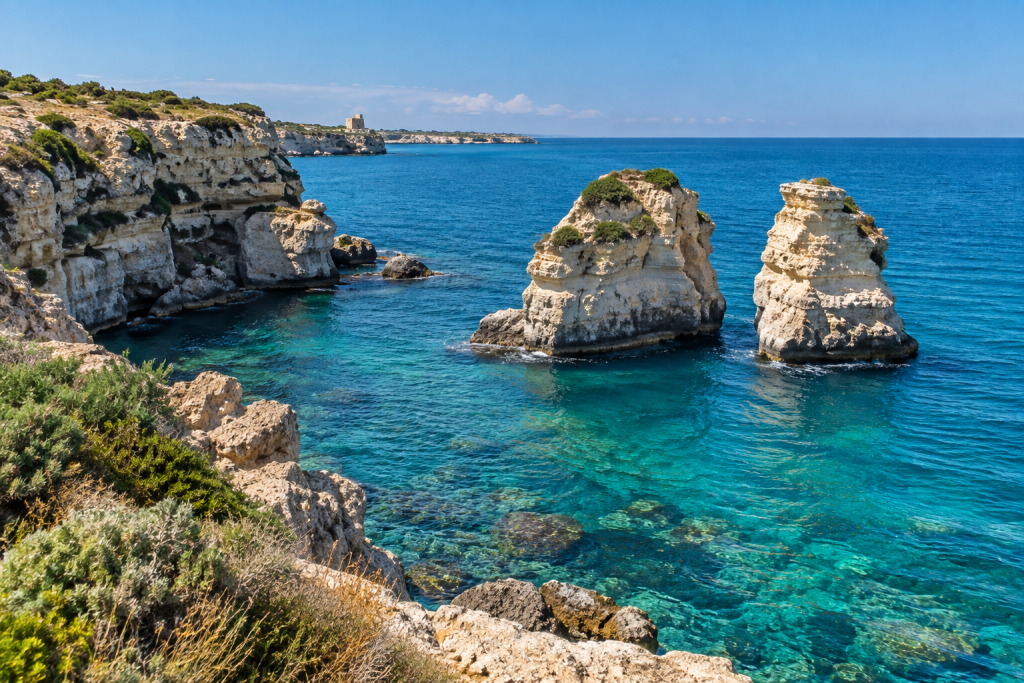 Le Due Sorelle sea stacks rising from the Adriatic off Torre dell'Orso in Puglia.