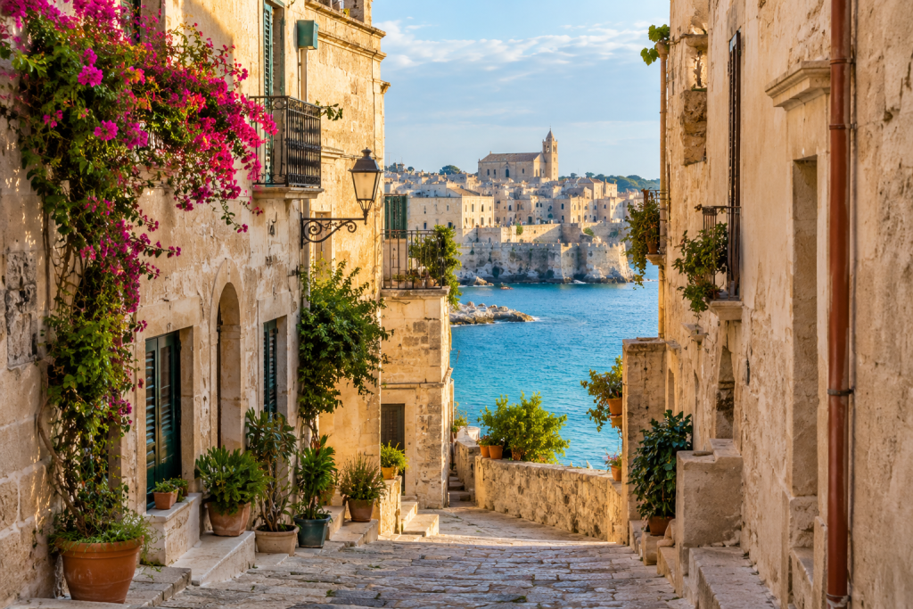 Stone streets and historic buildings in Otranto's old town overlooking the Adriatic Sea.