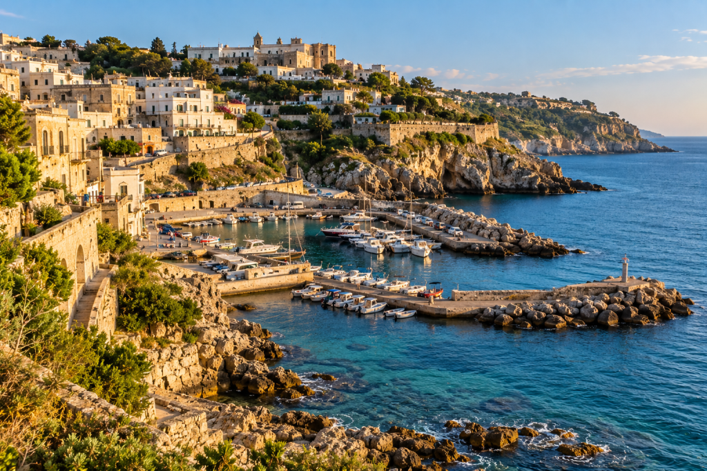 Castro Marina harbour beneath the stone town of Castro on the Adriatic coast of Puglia.