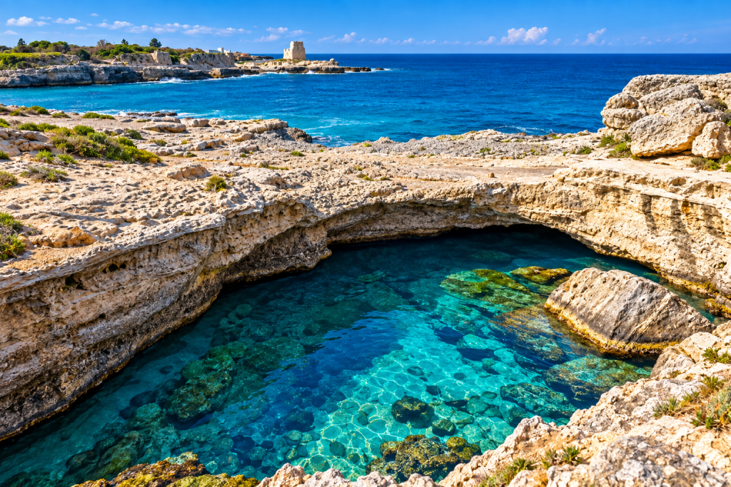 Natural limestone sea pool near Roca Vecchia, with clear turquoise water beneath a weathered rock arch, rugged Adriatic shoreline and a historic coastal watchtower in the distance.