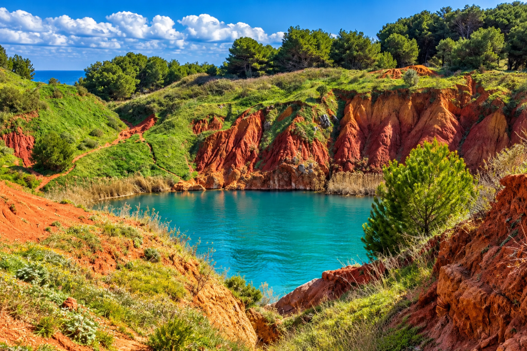 Former bauxite quarry near Otranto, with a turquoise-green lake surrounded by eroded red-orange cliffs, Mediterranean vegetation and pine-covered slopes.