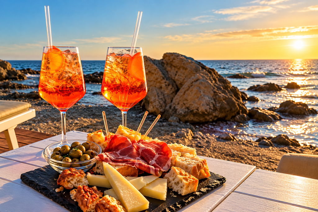 Aperitivo by the Adriatic Sea with two glasses of Aperol spritz and a rustic platter of olives, cured meats, cheeses and bread served on a seaside terrace.