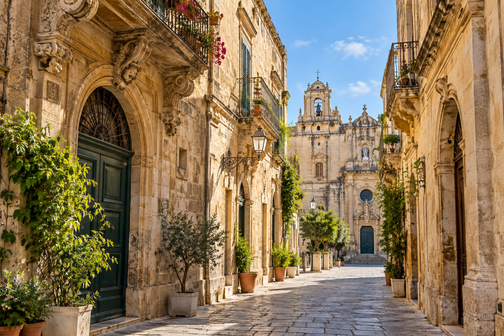 Historic street in Galatina with Baroque stone buildings and traditional southern Italian architecture.