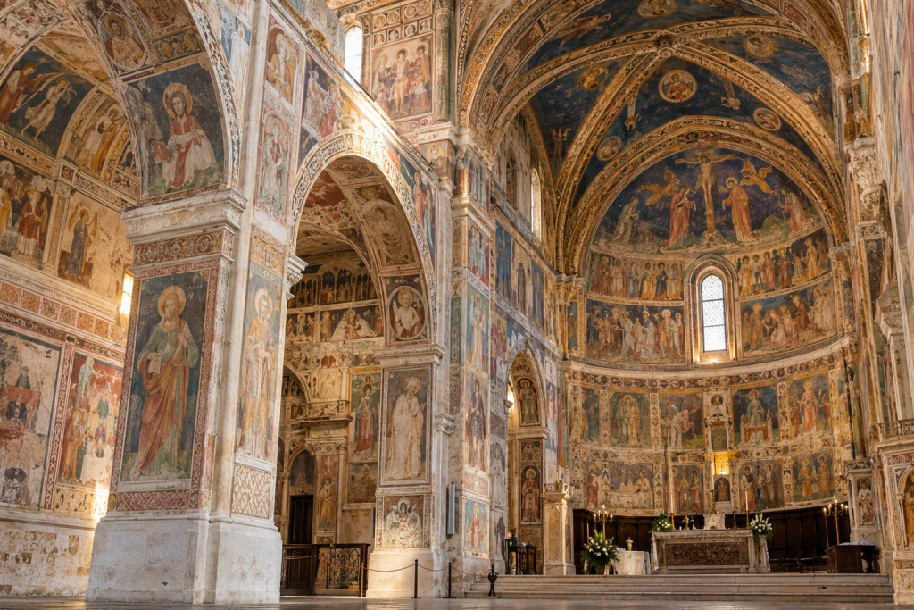 Interior of the Basilica of Santa Caterina d'Alessandria in Galatina with historic frescoes covering the walls and vaults.