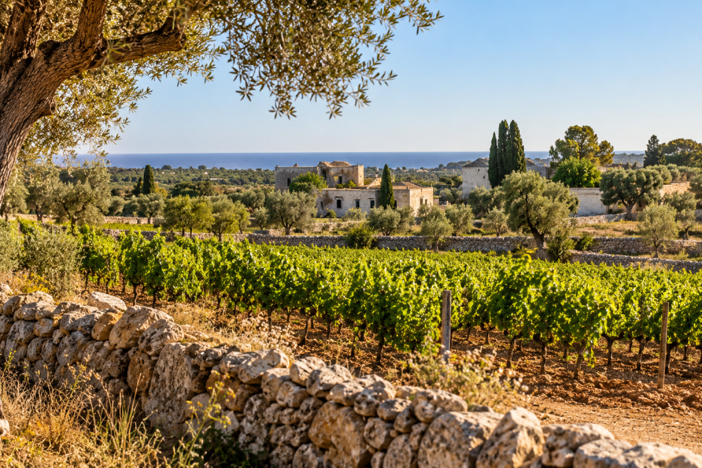 Vineyards and rural landscape in the Salento countryside near Nardò, Puglia.
