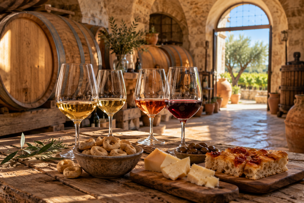Salento wine tasting with local wines and regional snacks served at a winery near Nardò.