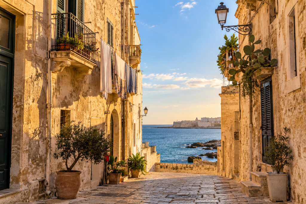 Narrow stone lane in Gallipoli's historic centre leading towards the sea and harbour.