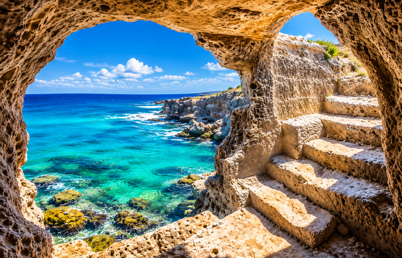 Weathered limestone cave overlooking a turquoise Adriatic coast, with rugged rock formations, clear shallow water and worn stone steps leading through the grotto.