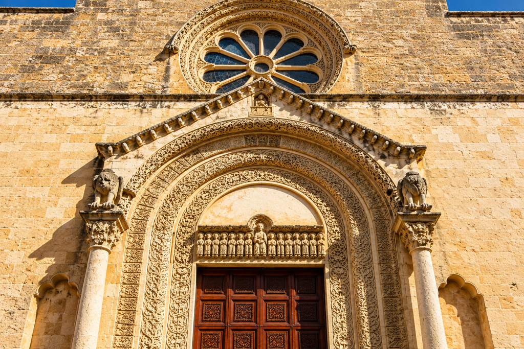 Ornately carved limestone church portal with dark wooden doors, sculpted figures, decorative stonework and a large rose window above, shown in warm natural light.