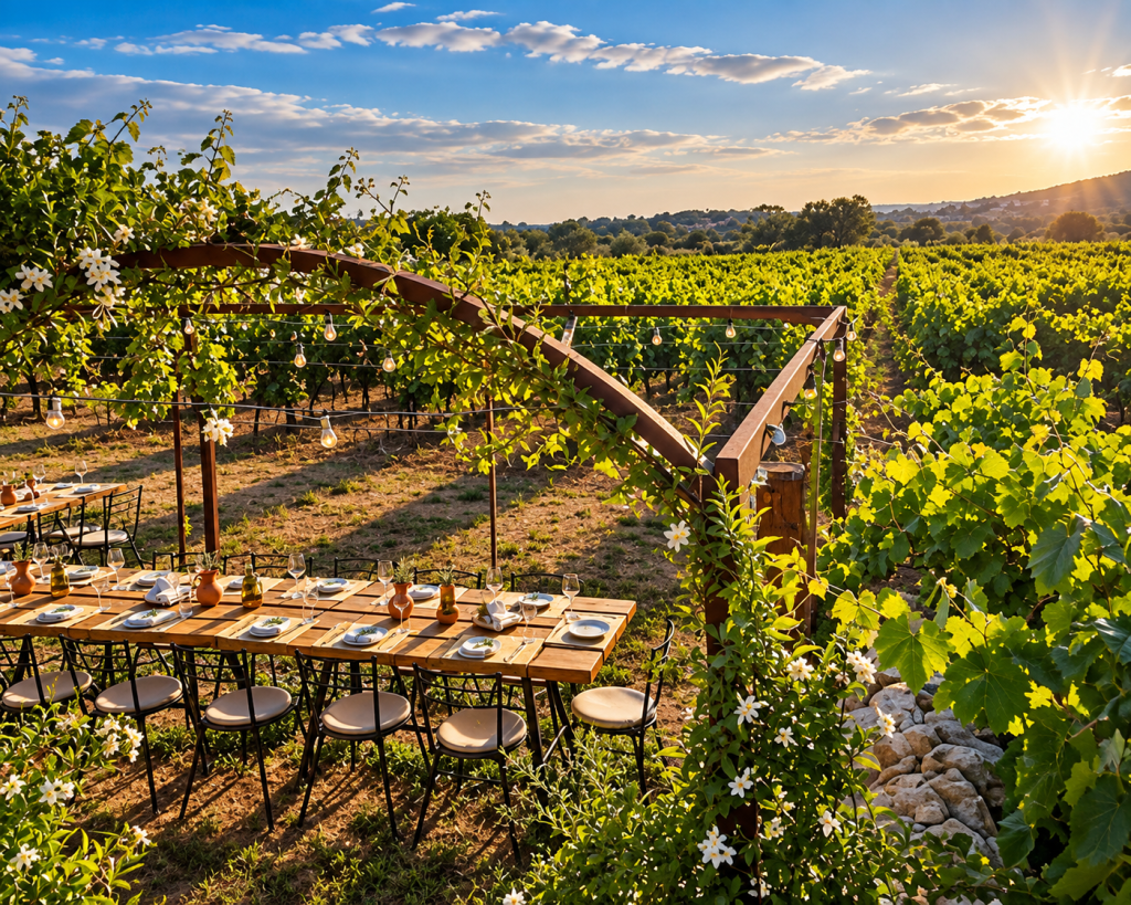 Outdoor vineyard dining area beneath a vine-covered pergola, with a long wooden table set for dinner overlooking rows of grapevines and rolling Mediterranean countryside in warm evening light.
