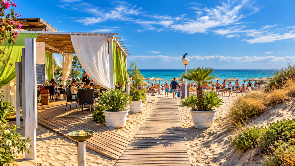 Wooden boardwalk leading from a shaded beach café through sandy dunes to a busy Mediterranean beach, with turquoise sea, umbrellas and beachgoers in bright afternoon light.