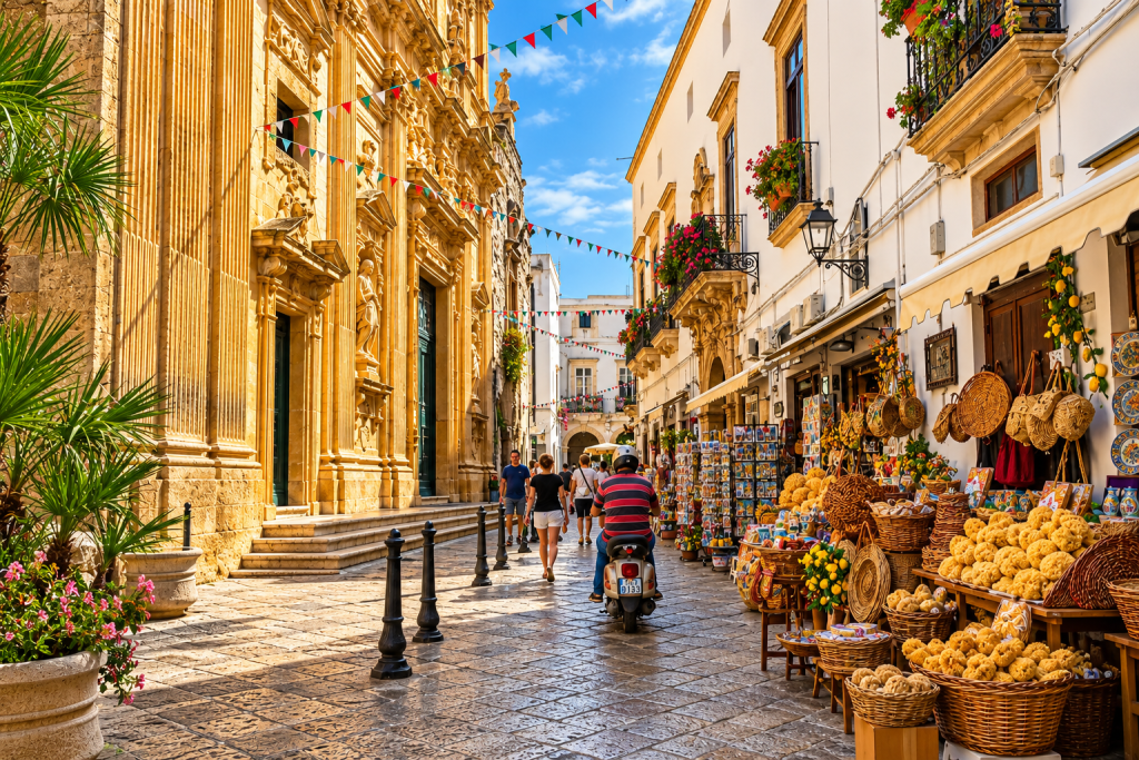 Narrow historic street in Puglia with an ornate Baroque church, whitewashed buildings, local market stalls, pedestrians and a scooter beneath colourful bunting.
