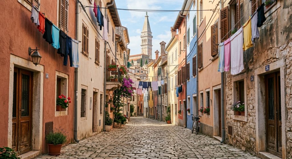 Cobbled street in Rovinj old town leading up toward the bell tower