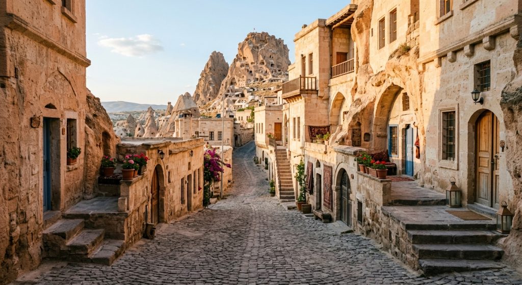 Narrow stone street with cave houses carved into rock in Uchisar village