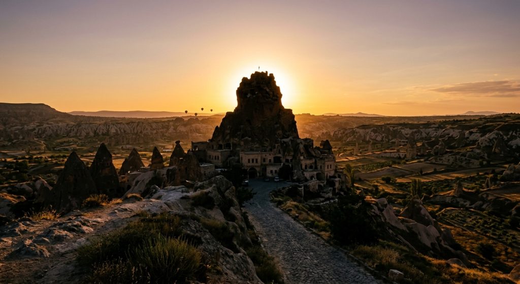 Uchisar rock castle silhouetted against a sunset sky over Cappadocia