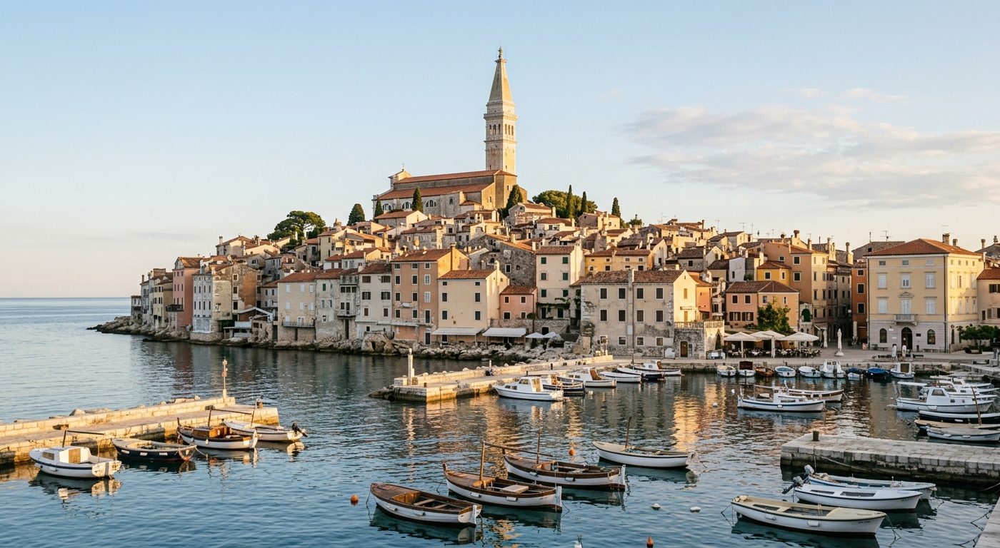 Rovinj old town view from harbour, warm morning light