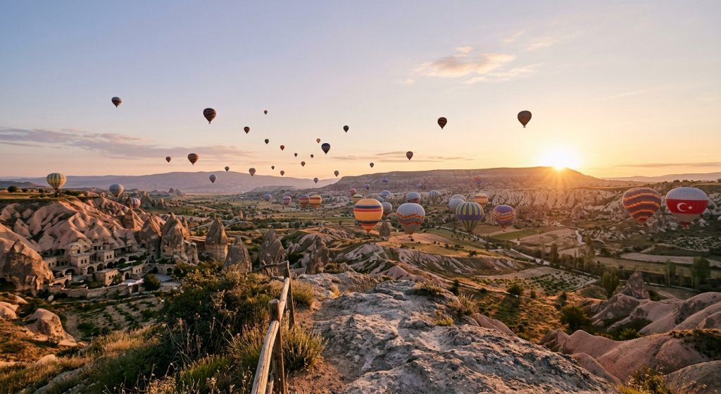 Hot air balloons over Cappadocia valleys seen from Uchisar castle at sunrise