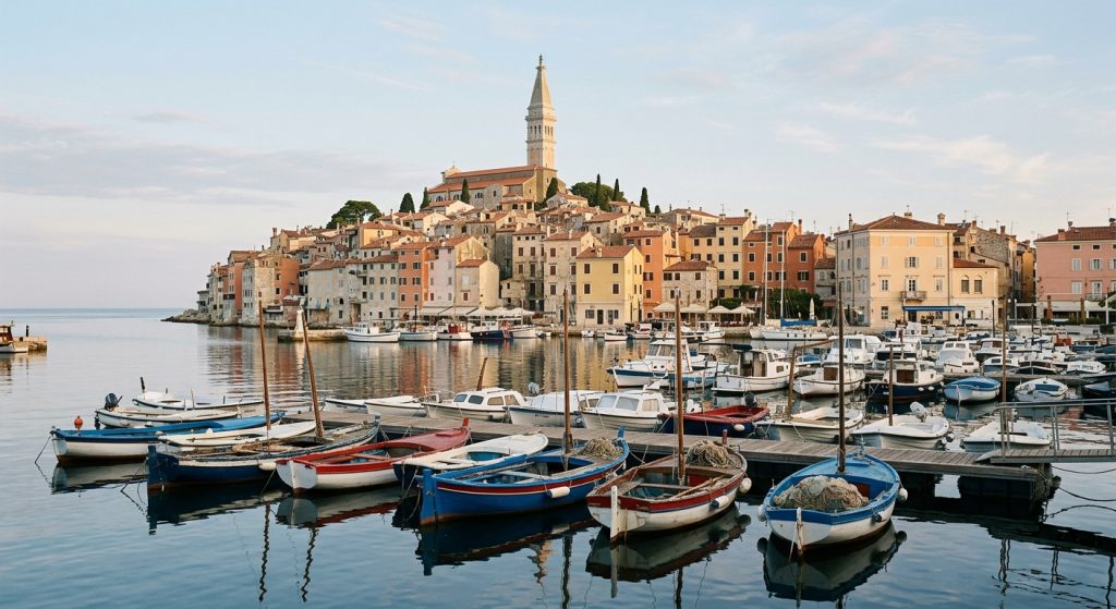 Fishing boats in Rovinj harbour with old town houses behind