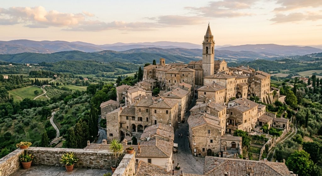 Historic Umbrian hill town rising above a green Italian valley