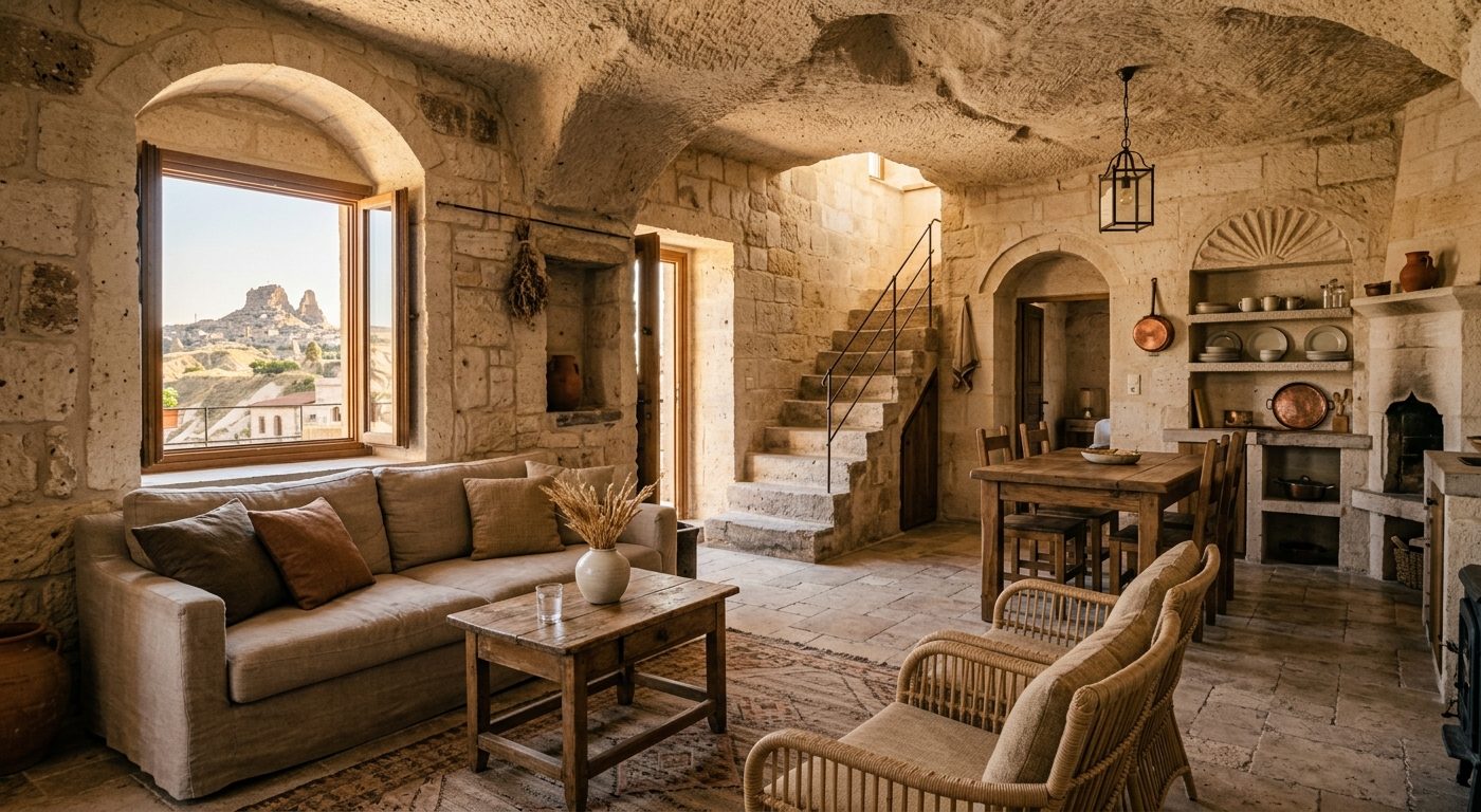 Restored stone house interior in Uchisar village