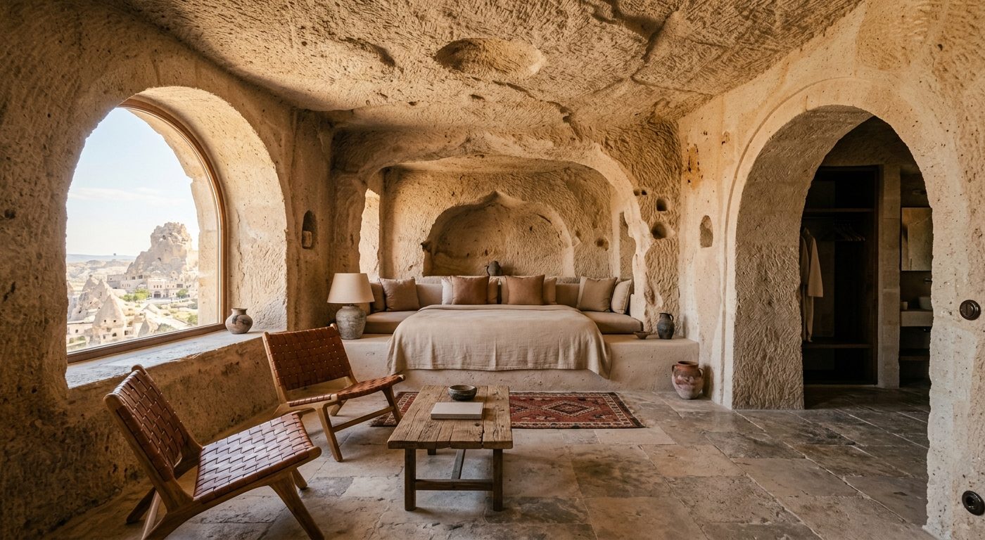Interior of a cave hotel room carved into rock in Uchisar
