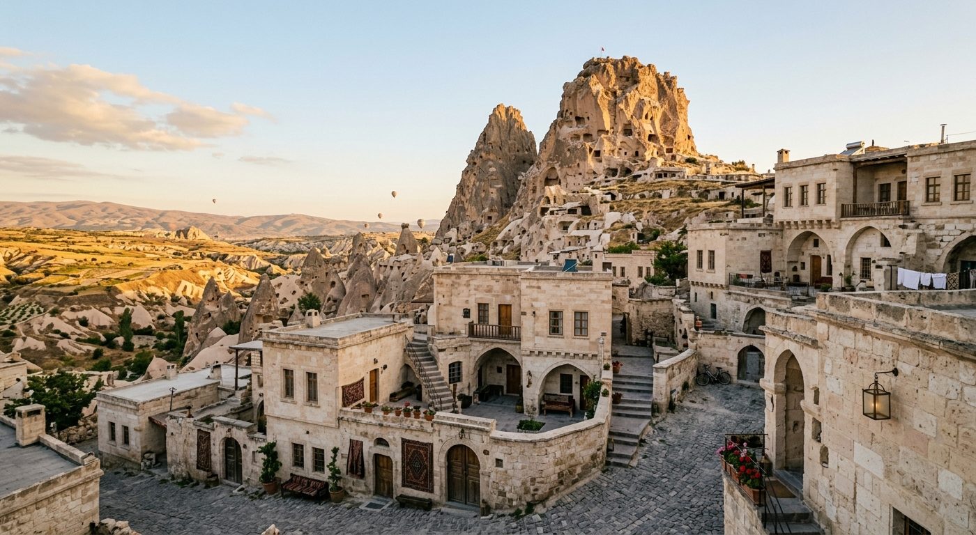 Scenic view of Uchisar village, Cappadocia, warm afternoon light