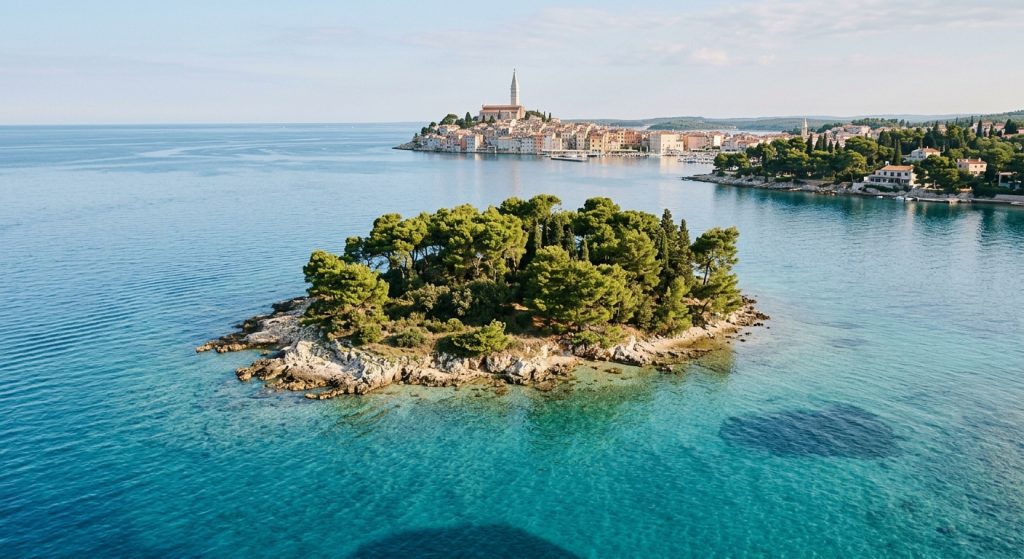 Small wooded island near Rovinj seen from the water