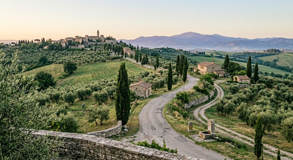 Quiet rural road winding through the Umbrian hills