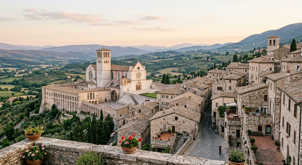 Assisi historic centre and Basilica of Saint Francis overlooking the Umbrian landscape